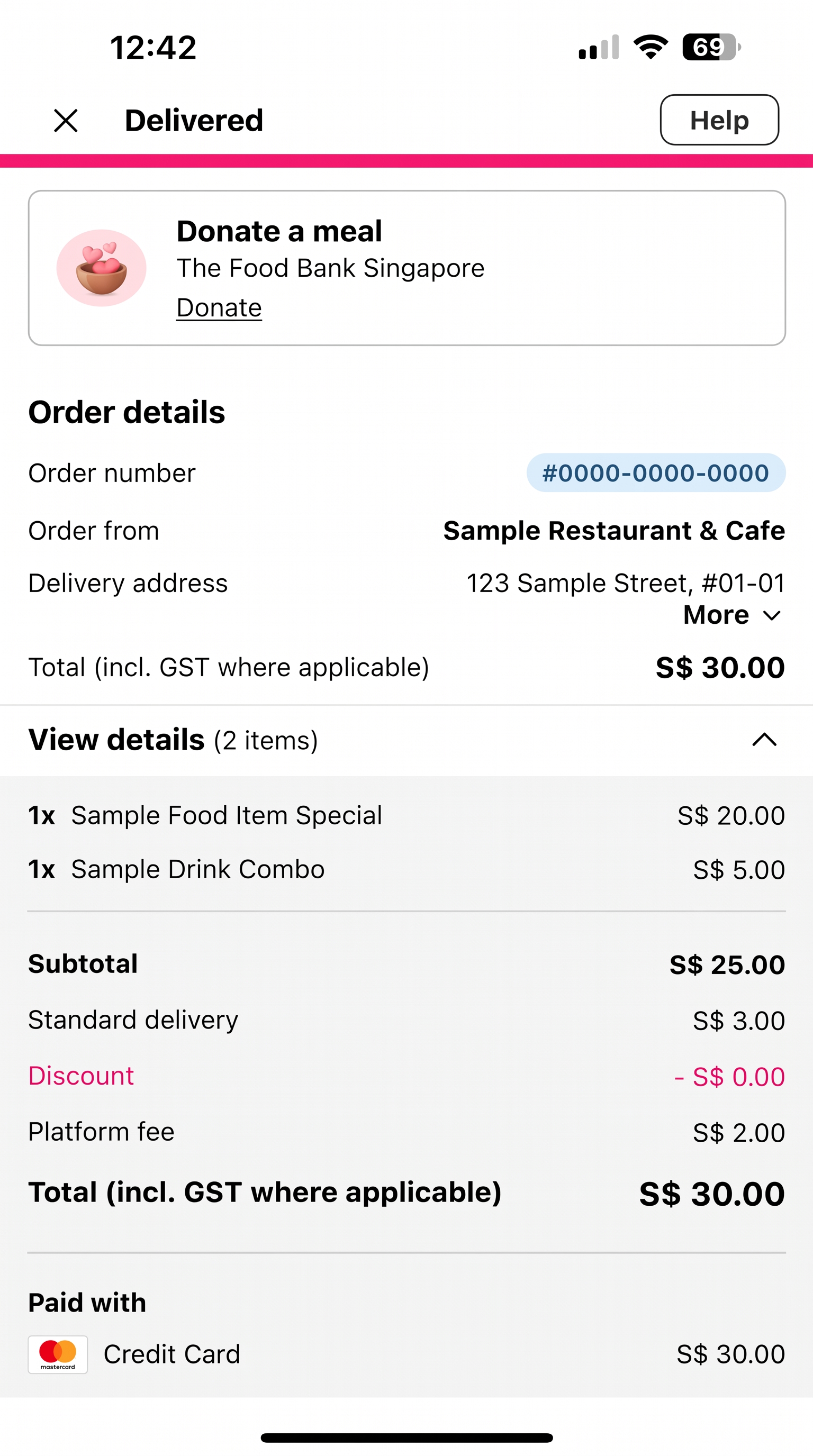 Example of a foodpanda order receipt showing the order number, order date and total